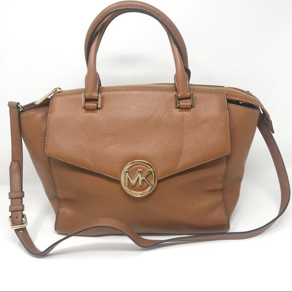 Michael Kors Large Foldover Satchel Bag Crossbody Tan Brown Zipper Top Logo - Picture 1 of 8